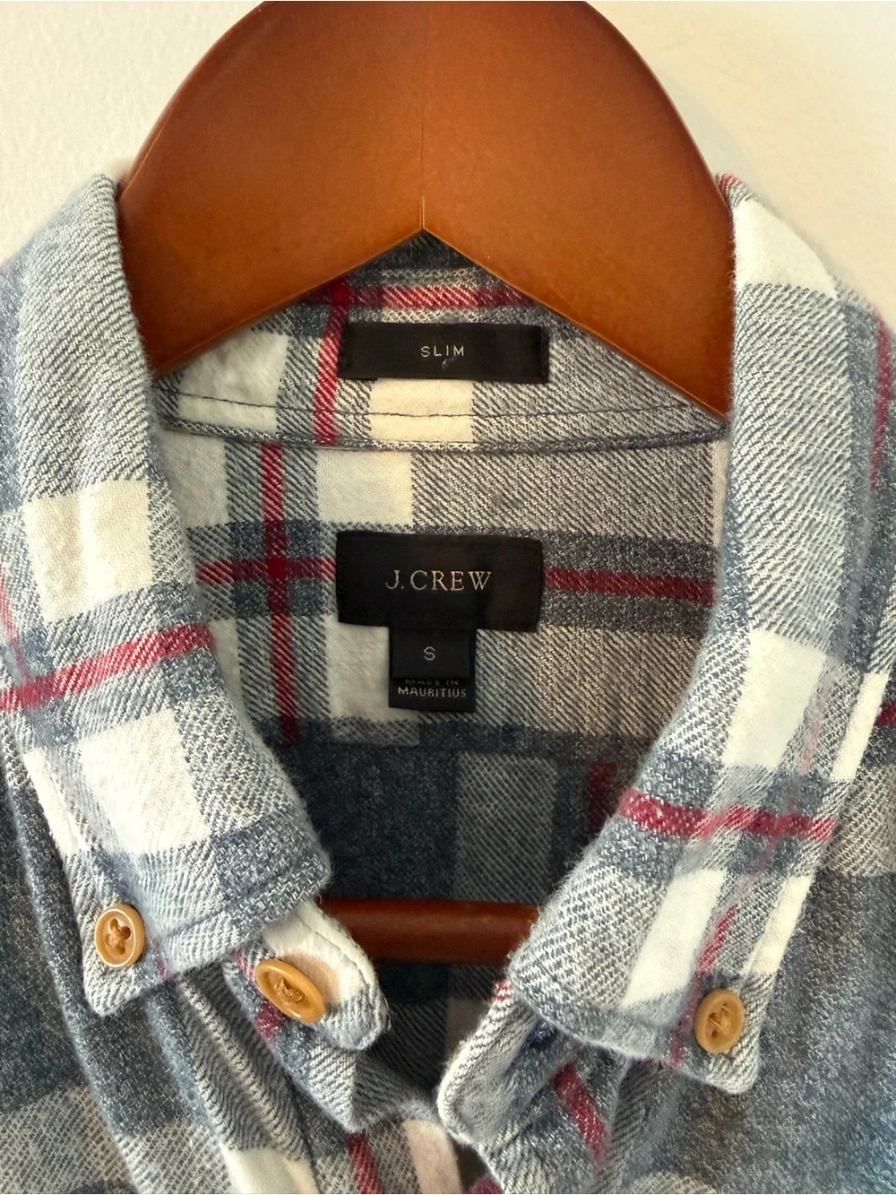 J. Crew Flannel Grey, White with Red Accents. Men’s Small